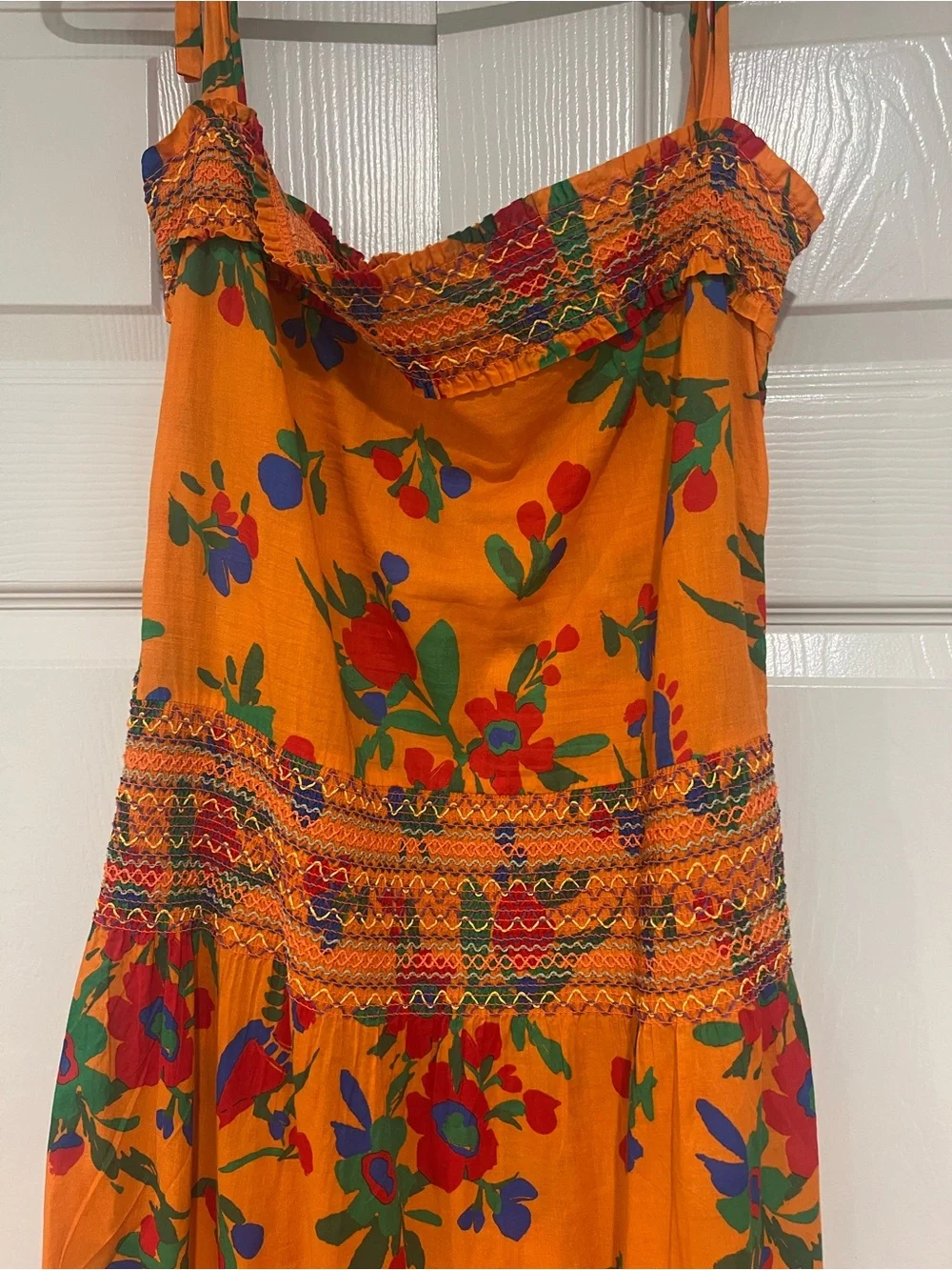 Tory Burch Orange Floral Smocked Tie-Shoulder Maxi Dress
